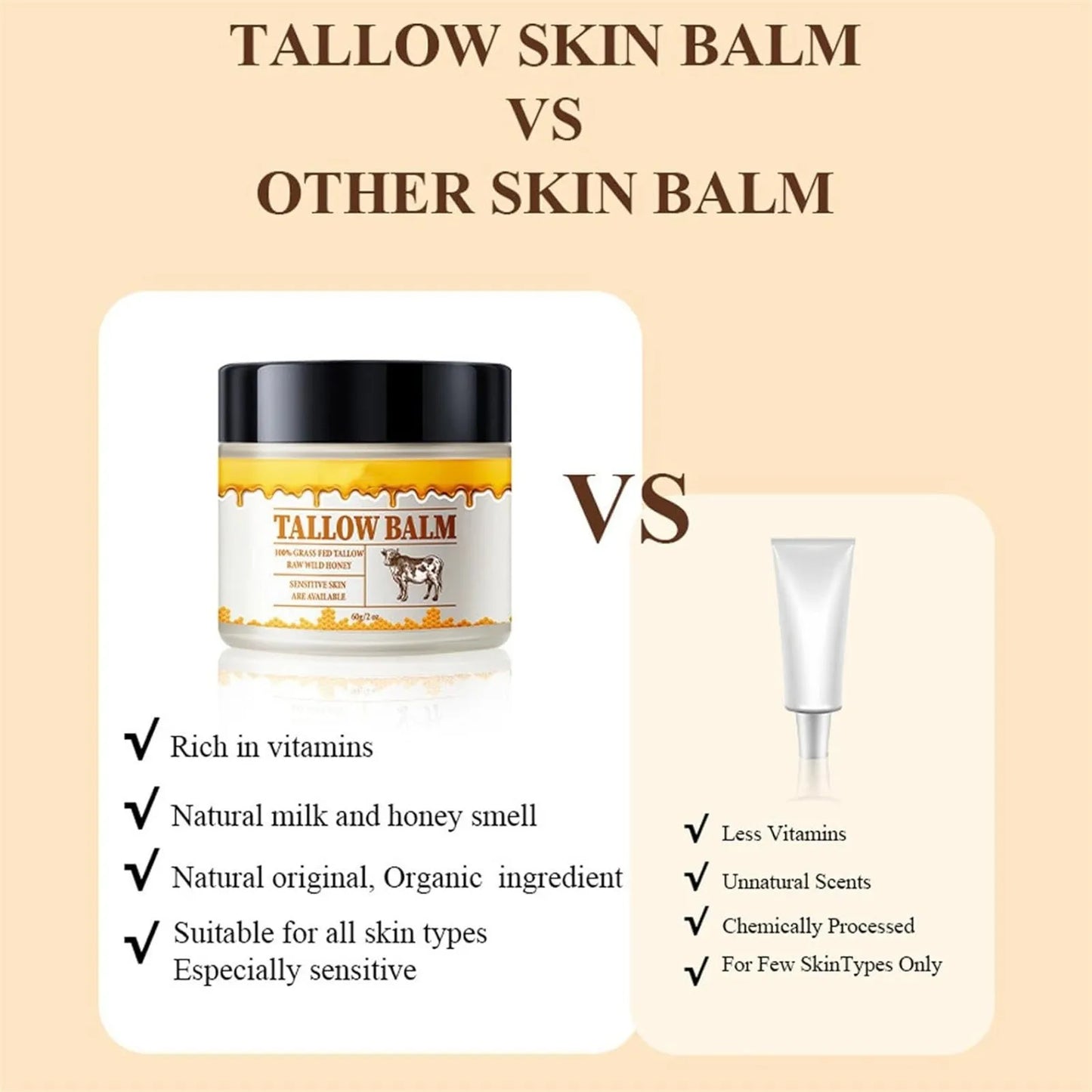 Beef Tallow Paste for Skin Care 60G Beef Neck Balm Grass Fed Tallow Wild Honey Face and Body Whipped Moisturizer for All Skin